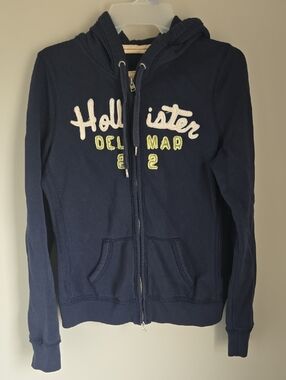 Sz L Hollister Vintage Delmar 22 Navy Blue Womens Hooded Zip Up Sweatshirt